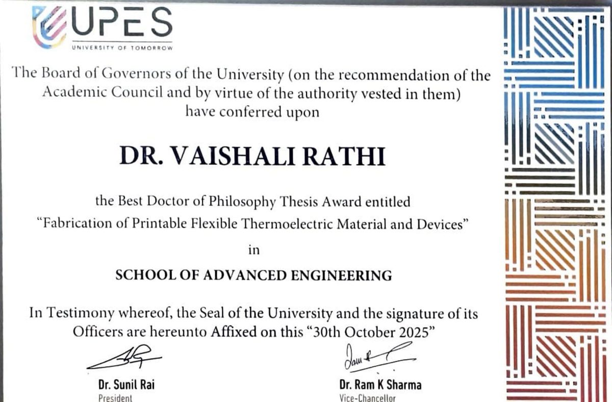 Best PhD Thesis Award — Dr. Vaishali Rathi, UPES 2025